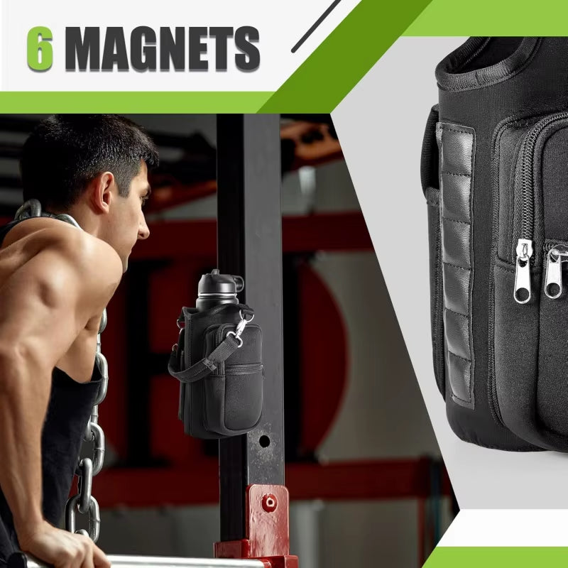 Magnetic Water Bottle Holder Gym Water Bottle Carrier Bag W/ Phone Pocket Handle Shoulder Strap