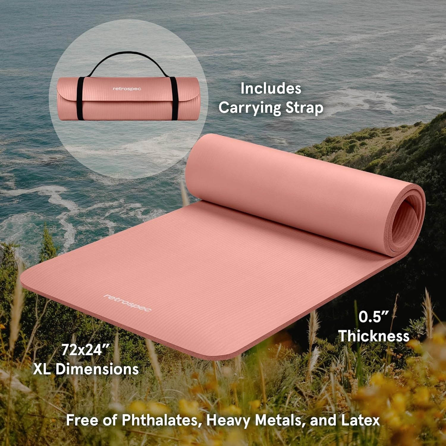 Solana Yoga Mat Thick 1/2In Non-Slip Workout Mat with Nylon Strap - 72X24In Exercise Mat for Pilates