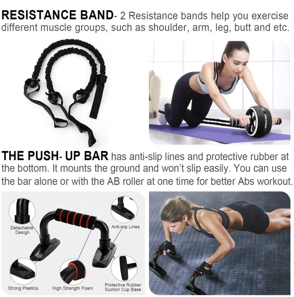 Ab Wheel Workout Equipment Kit with Resistance Bands, Knee Mat, Jump Rope, Push-Up Bar, Ab Wheel Roller for Gym and Home Workout Unisex Abdominal Wheel for Core Strength 