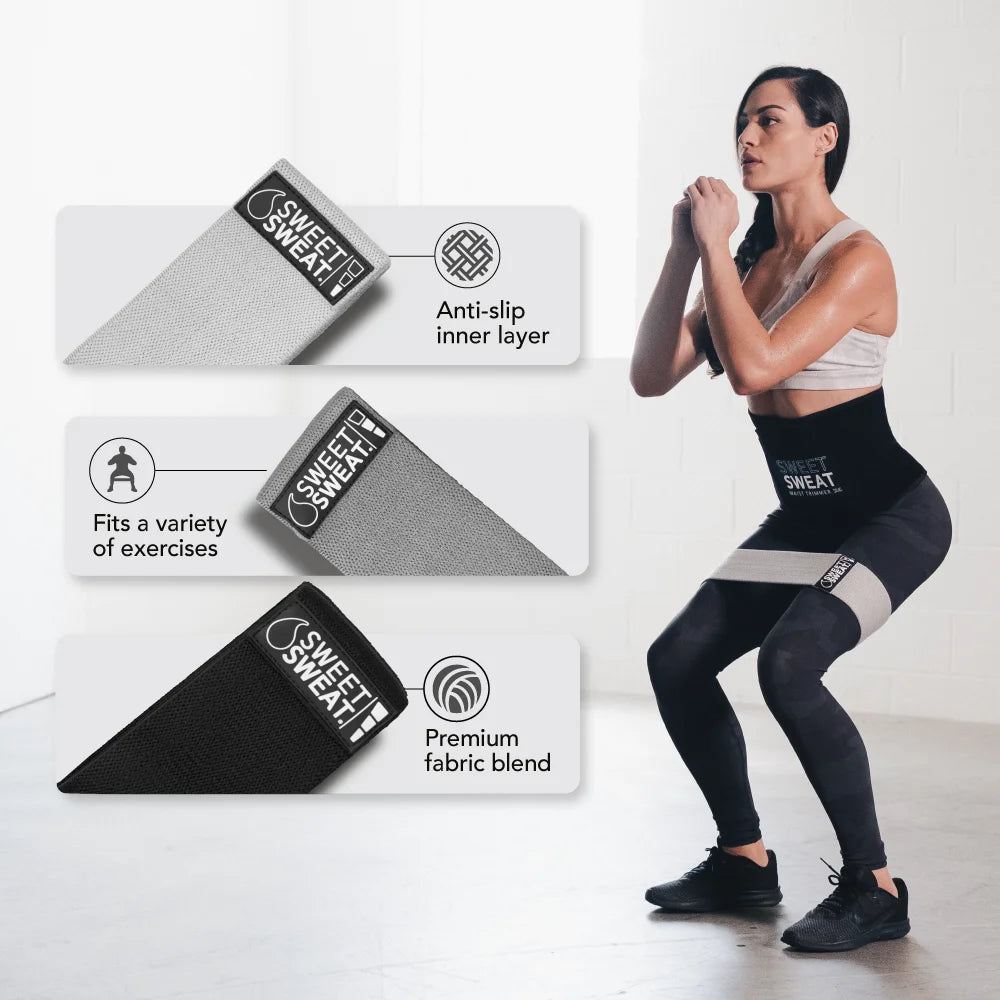 Sweet Sweat 3-Pc Hip Resistance Bands Set Non-Slip Booty Bands with Mesh Bag