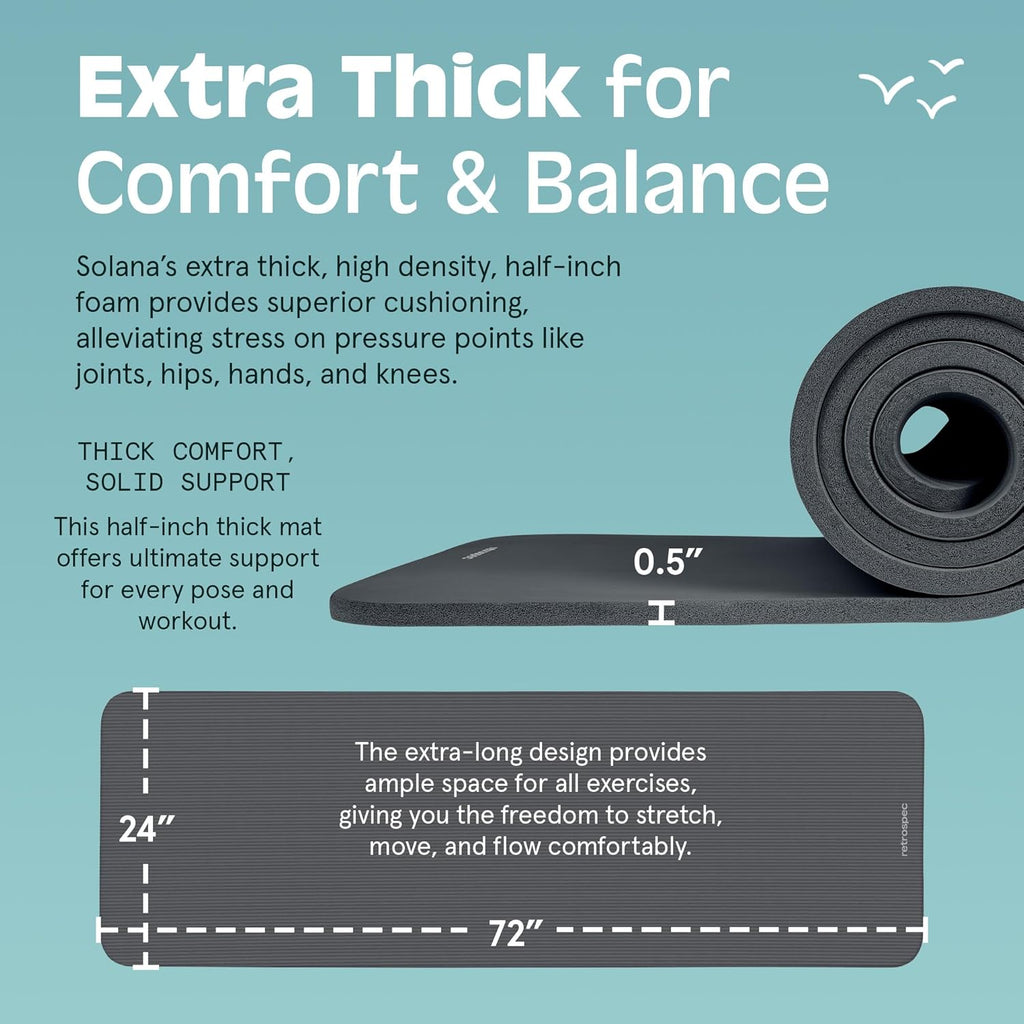 Solana Yoga Mat Thick 1/2In Non-Slip Workout Mat with Nylon Strap - 72X24In Exercise Mat for Pilates