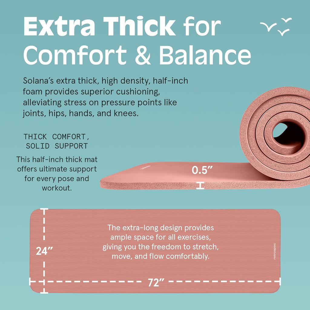 Solana Yoga Mat Thick 1/2In Non-Slip Workout Mat with Nylon Strap - 72X24In Exercise Mat for Pilates