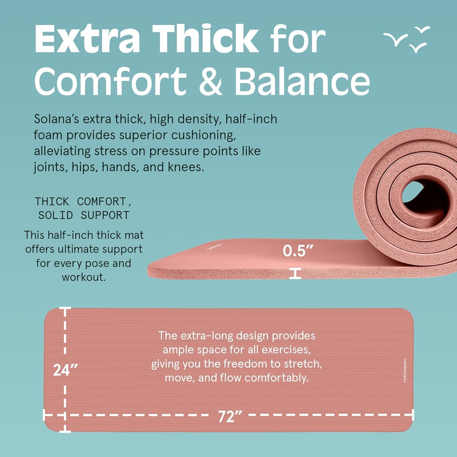 Solana Yoga Mat Thick 1/2In Non-Slip Workout Mat with Nylon Strap - 72X24In Exercise Mat for Pilates