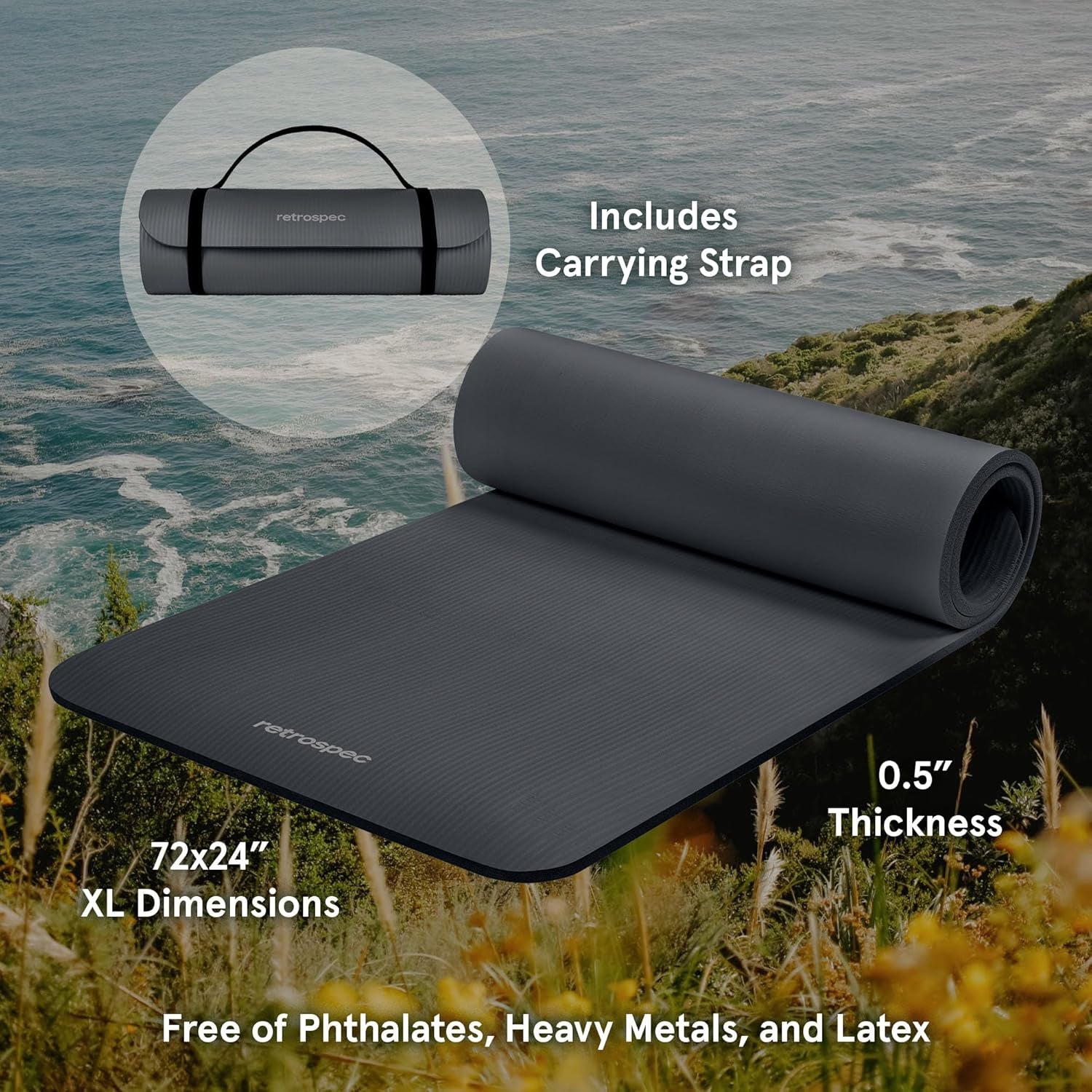 Solana Yoga Mat Thick 1/2In Non-Slip Workout Mat with Nylon Strap - 72X24In Exercise Mat for Pilates