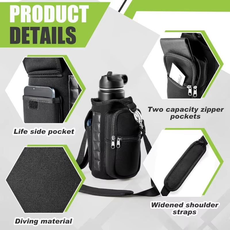 Magnetic Water Bottle Holder Gym Water Bottle Carrier Bag W/ Phone Pocket Handle Shoulder Strap
